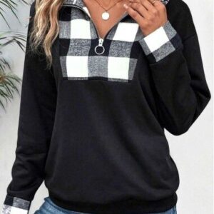 unsigned Black Patchwork Plaid Long Sleeve Turn Down Collar Sweatshirt