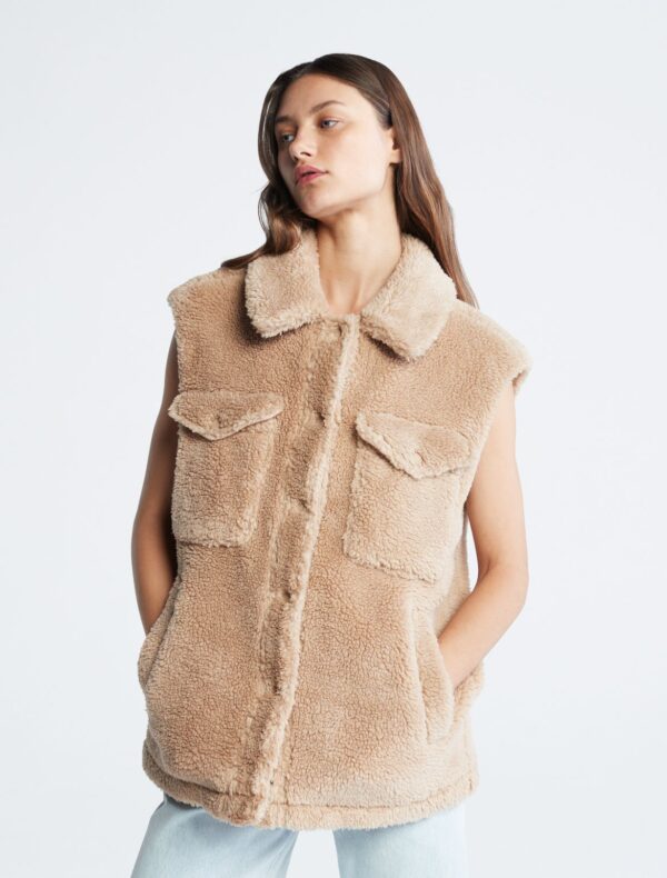 Calvin Klein Women's Sherpa Button-Down Vest - Brown - XS