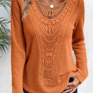 unsigned Terracotta Lace Long Sleeve Round Neck T Shirt