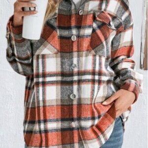 unsigned Orange Pocket Plaid Long Sleeve Shirt Collar Blouse