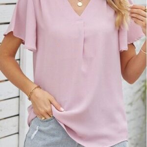 unsigned Pink Ruched Short Sleeve V Neck Blouse