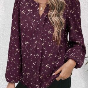 unsigned Dark Reddish Purple Split Floral Print Long Sleeve Blouse