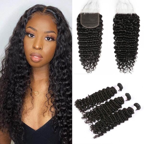 WOWANGEL 5x5 Skinlike Real HD Lace Closure with 3 Bundles Deep Wave