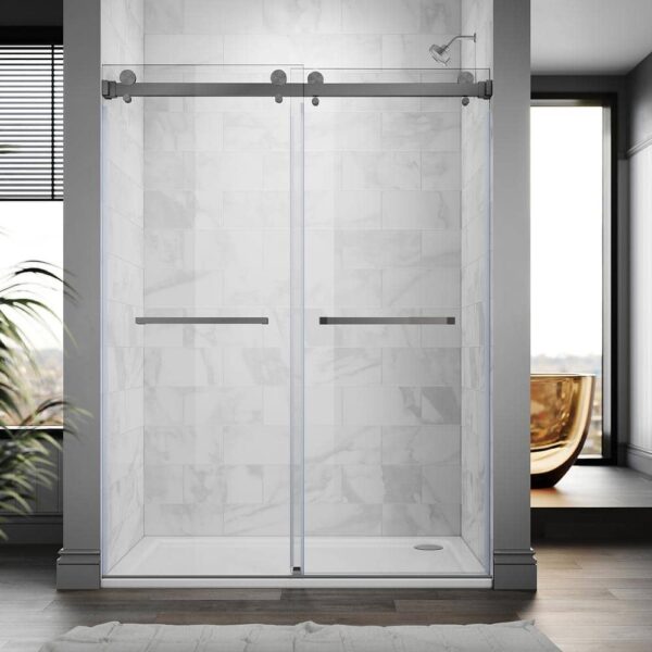 UNIKOO UKD01 61 to 65 in. W x 80 in. H Double Sliding Frameless Shower Door in Space Gray