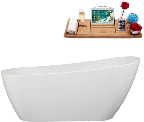 Streamline 67 in. x 29 in. Acrylic Freestanding Soaking Bathtub in Glossy White With Polished Brass Drain