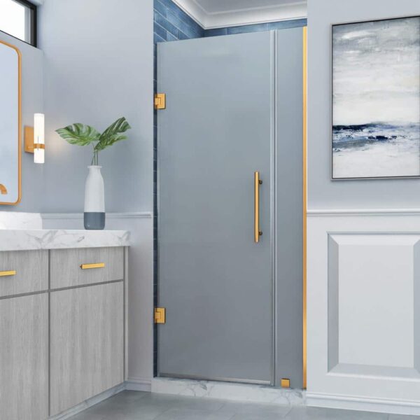 Aston Belmore 31.25 - 32.25 in. W x 72 in. H Pivot Frameless Shower Door Frosted Glass in Brushed Gold