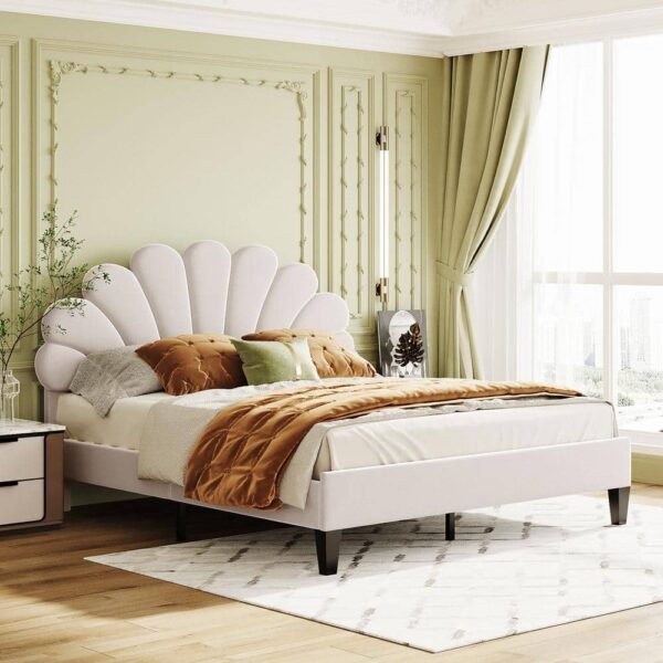 Harper & Bright Designs Beige Wood Frame Upholstered Queen Size Platform Bed with Flower Pattern Velvet Headboard