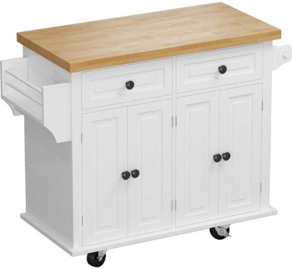 FAMYYT White Rolling Wood Tabletop 43 in. Kitchen Island Cart with Drawers