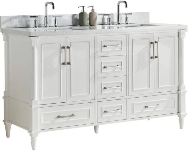 FORCLOVER 60 in. W x 22 in. D x 36 in. H Double Sink Bath Vanity in White with White Engineered Marble Top