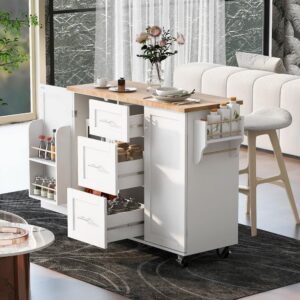 Harper & Bright Designs White Rubber Wood Kitchen Cart with Door Internal Rack