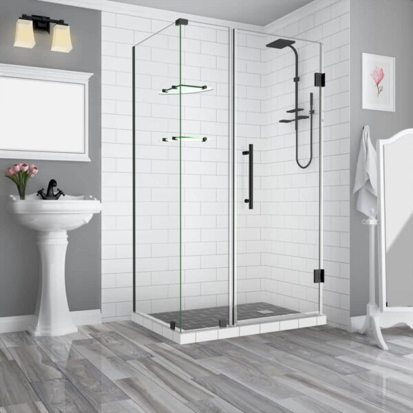 Aston 37.25 in. to 38.25 in. x 32.375 in. x 72 in. Frameless Corner Hinged Shower Enclosure with Glass Shelves in Matte Black