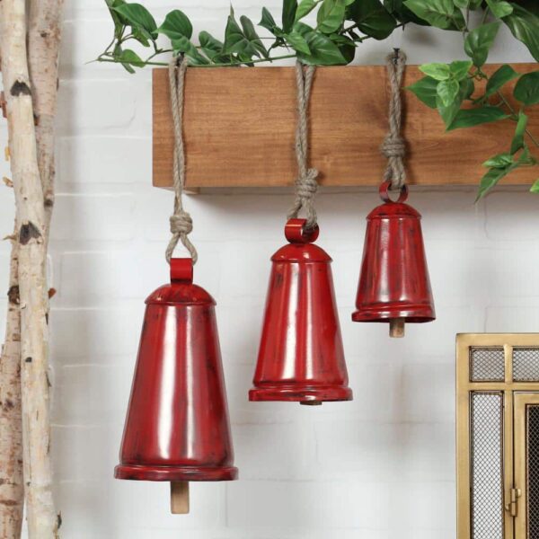 Litton Lane Red Metal Tibetan Inspired Narrow Cone Decorative Cow Bells with Jute Hanging Rope (3- Pack)