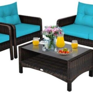 Clihome 4-Piece Wicker Patio Conversation Set Rattan Sofa Set with Turquoise Cushions and Coffee Table