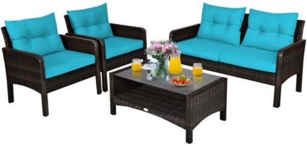 Clihome 4-Piece Wicker Patio Conversation Set Rattan Sofa Set with Turquoise Cushions and Coffee Table