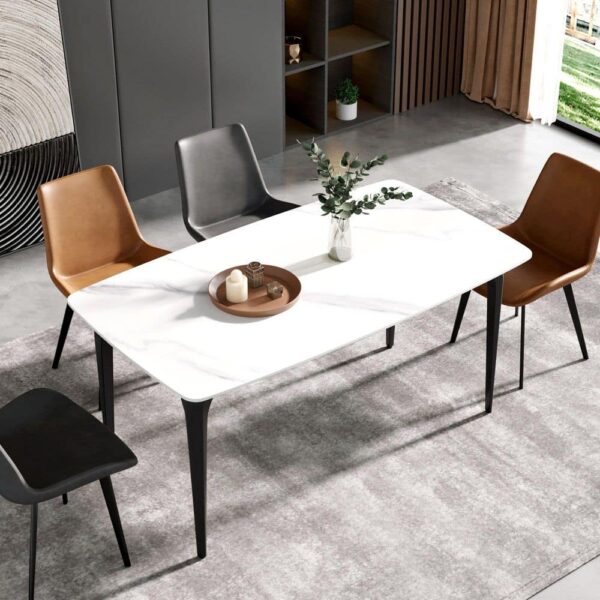 Magic Home 63 in. Luxury Round Edge Sintered Stone Rectangle White Top Black Metal 4 Legs Dining Table (Seats 6)