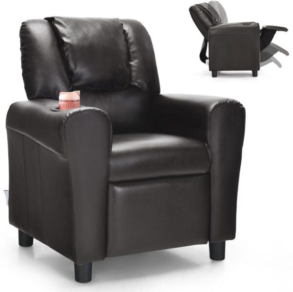 Costway Brown Faux Leather Upholstery Kids Recliner Couch Chair with Cup Holder Black