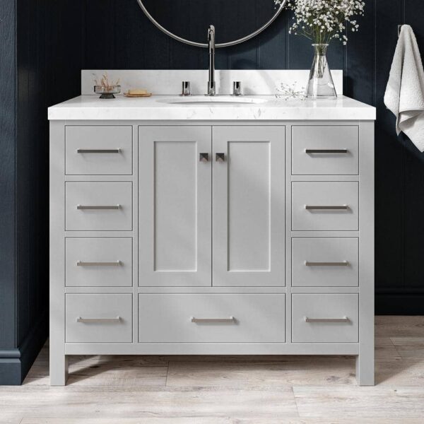 ARIEL Cambridge 42.25 in. W x 22 in. D x 36 in. H Single Sink Freestanding Bath Vanity in Grey with Carrara Quartz Top