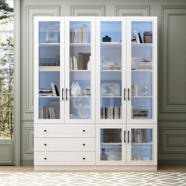 FUFU&GAGA 78.7 in. Tall White Paint Finish Wood 10-Shelf Accent Bookcase with Glass Doors