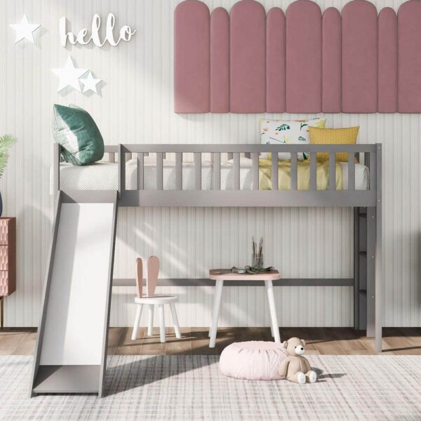 Qualler Gray Twin Low Loft Bed with Ladder and Slide