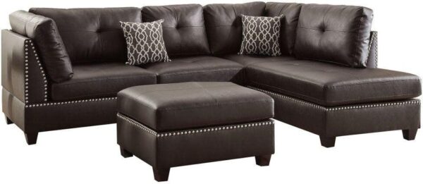 Benjara 34 in. Flared Arm 3-Piece Bonded Leather L-Shaped Sectional Sofa in Brown with Wood Legs