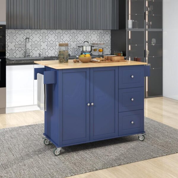 Xspracer Oasis Dark Blue Wood 52.76 in. Kitchen Island with Solid Wood Top and Locking Wheels