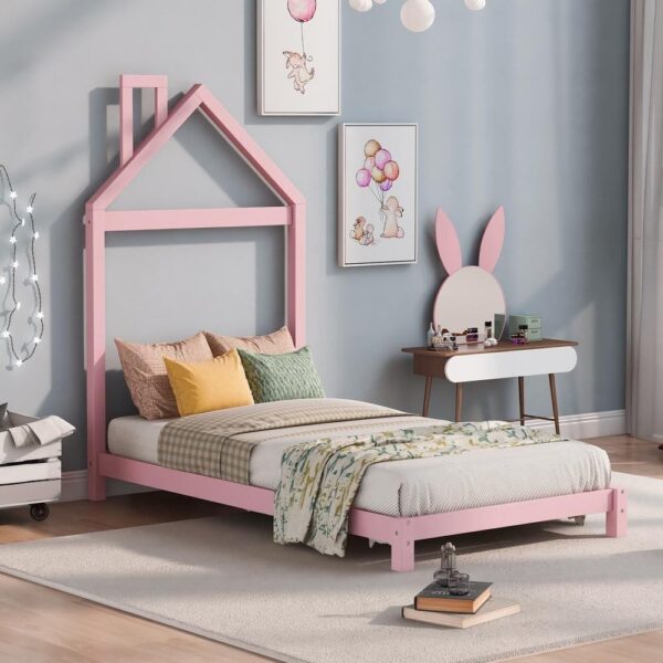 Qualler Pink Twin Size Platform Bed with House-Shaped Headboard