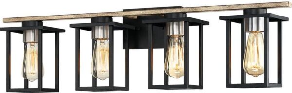 TRUE FINE 33 in. 4-Light Matt Black/Wood Tone Rustic Farmhouse Bathroom Vanity Light with Open Cage Shades