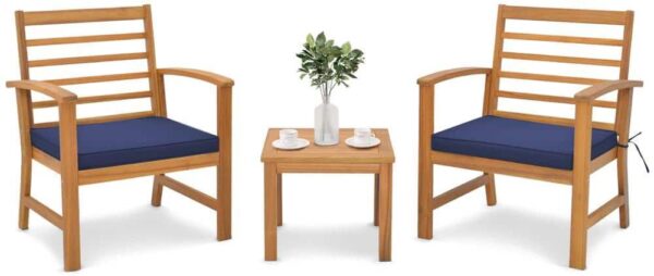 Costway 4-Piece Patio Wood Conversation Set with Soft Seat and Navy Cushions