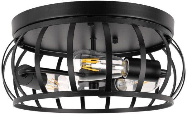 YANSUN 13 in. 3-Light Industrial Caged Drum Matte Black Flush Mount Ceiling Fixture