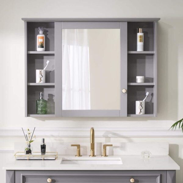 ANGELES HOME 42 in. W x 30 in. H Rectangular Solid Wood Surface Mount Medicine Cabinet with Mirror 2-Soft-Closed Doors Easy Hang Gray