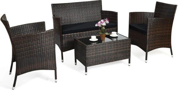 Costway 4-Piece Rattan Patio Furniture Set Cushioned Sofa Chair Coffee Table Black