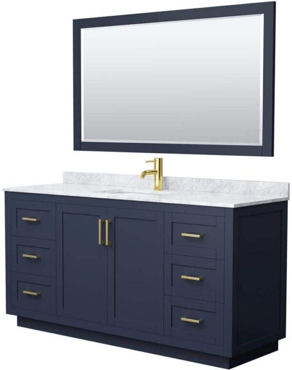 Wyndham Collection Miranda 66 in. W x 22 in. D x 33.75 in. H Single Sink Bath Vanity in Dark Blue with White Carrara Marble Top and Mirror