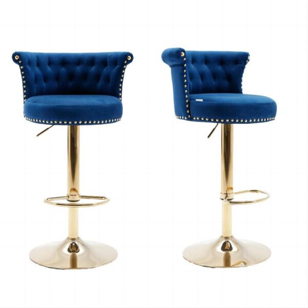 HOMEFUN 32 in. Modern Navy Blue Velvet Swivel High Back Adjustable Metal Barstools Seat Set of 2