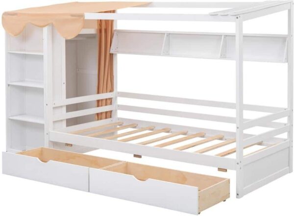 Qualler White Wood Frame Twin Size Canopy Bed with Wardrobe and 2 Drawers