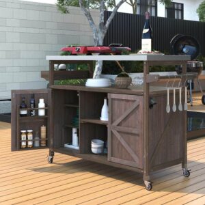 Harper & Bright Designs Dark Brown Wood Kitchen Cart with Fir Wood Grill Table with Stainless Steel Top