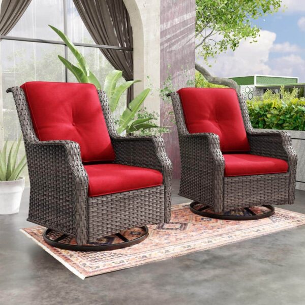 JOYSIDE Wicker Patio Outdoor Lounge Chair Swivel Rocking Chair with Red Cushions (2-Pack)