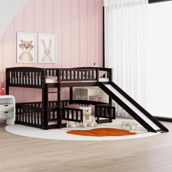 Harper & Bright Designs Espresso Full over Full Wooden Low Bunk Bed with Fence