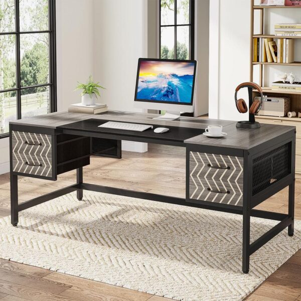 BYBLIGHT Moronia 63 in. Rectangular Gray and Black Wood 4-Drawer Computer Desk Executive Desk for Home Office