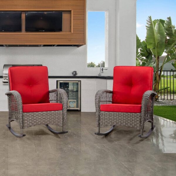 JOYSIDE Wicker Outdoor Rocking Chair Patio with Red Cushion (2-Pack)