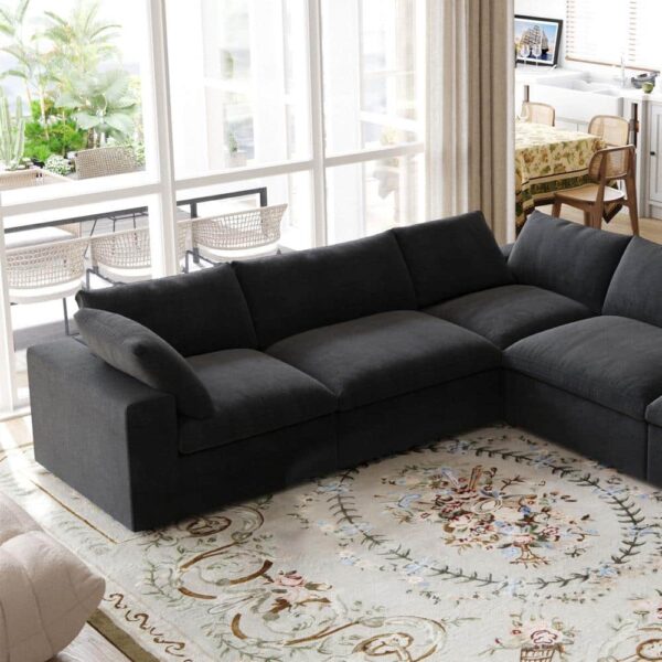 Magic Home 118 in. Square Arm 4-Piece Linen L-Shaped Sectional Sofa Corner Cloud Couch in Black