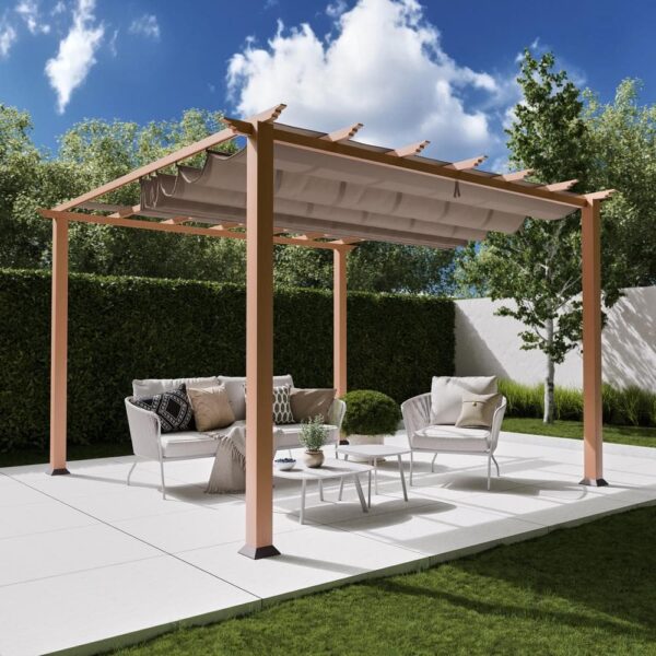 Paragon Outdoor Florence 11 ft. x 11 ft. Wood Grain Aluminum Pergola in Canadian Cedar and Cocoa Convertible Canopy