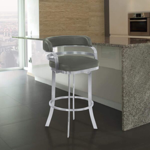 Armen Living Prinz 26 in. Metal Swivel Bar Stool in Gray Faux Leather with Brushed Stainless Steel and Gray Walnut Back