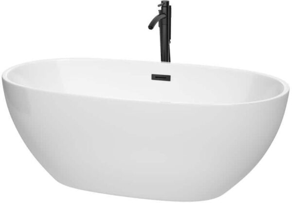 Wyndham Collection Juno 63 in. Acrylic Flatbottom Bathtub in White with Matte Black Trim and Faucet