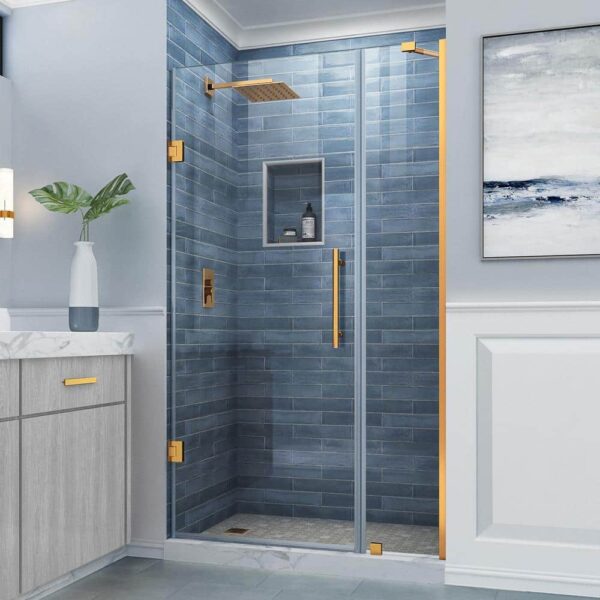 Aston Belmore 40.25 in. to 41.25 in. W x 72 in. H Frameless Hinged Shower Door in Brushed Gold