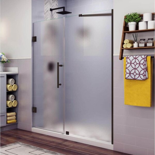 Aston Belmore 62.25 in. to 63.25 in. x 72 in. Frameless Hinged Shower Door with Frosted Glass in Bronze