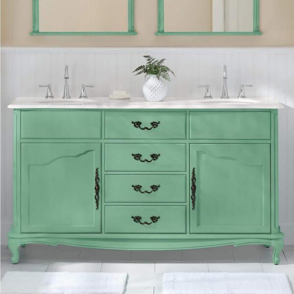 Home Decorators Collection Provence 62 in. W x 22 in. D x 35 in. H Double Sink Freestanding Bath Vanity in Vintage Turquoise with White Marble Top