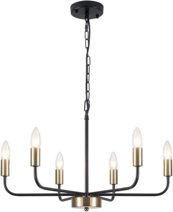 LWYTJO 6-Light Black and Brass Farmhouse Candle Linear Chandelier for Living Room with No Bulbs Included