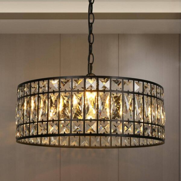 LNC Modern 3-Light Black Island Chandelier Luxury Ceiling Light with Glam Crystal Drum Shade for Bedroom and Dining Room