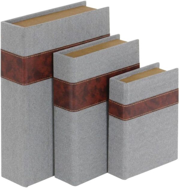 Litton Lane Rectangle Linen Faux Book Box with Faux Leather Detailing (Set of 3)