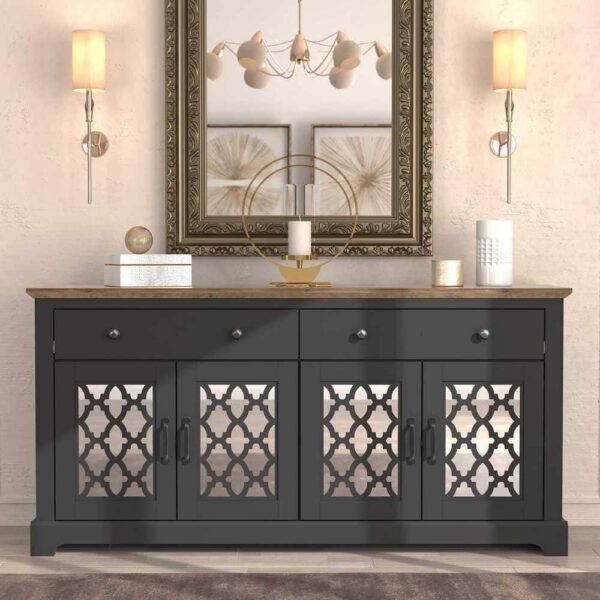 GALANO Heron Black and Knotty Oak Wood 59.1 in. 4-Door Wide Sideboard with Adjustable Shelves and Drawers